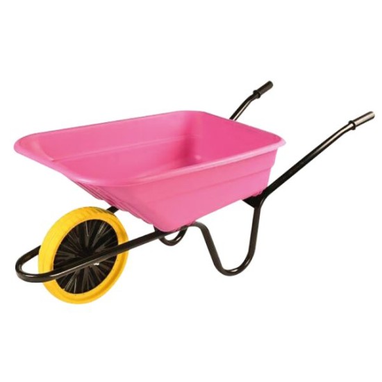 Wheelbarrow Pink Polypropylene 90L Yellow Puncture Proof Wheel