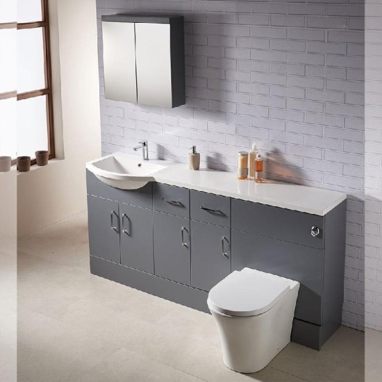 Q-Line 1800 1-Piece Round Offset Basin Combination - 350mm Depth Q-Line 1-Piece Basin Options: 1800 Round 1-Piece Basin - Right Hand - Q-Line Furniture Colour: Gloss White - Q-Line Handles: Bow