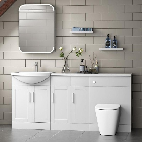 Stamford 1700 Combination Furniture Colour: White - Basin Option for Furniture: Q-Line 600mm Curved Basin - Worktop Option: White Gloss - 1500mm