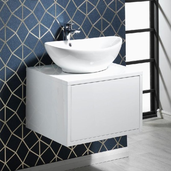 Vermont 600mm Wall-Hung Base Unit & Basin Size: 600 - Furniture Colour: White - Basin Option for Furniture: Portland 470 x 400mm Ceramic Vanity Basin - 1TH