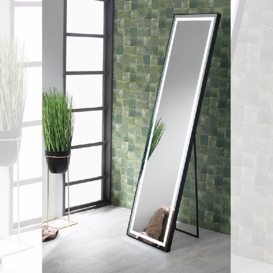 Porto Battery Operated Mirror with Black Frame & LED Light Surround (Floorstanding or Wall-Hung) Size: 600 x 800